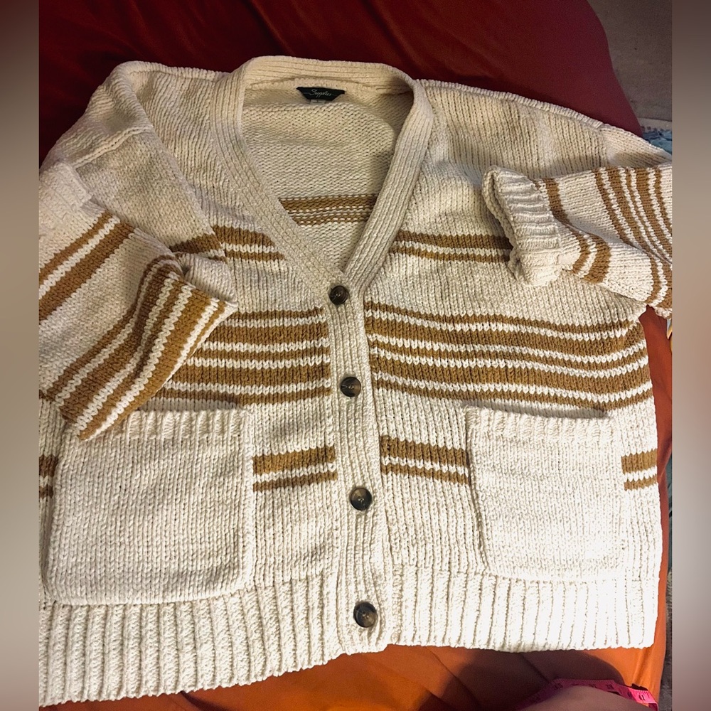 Striped V-Neck Button-Front Cardigan Sweater - Cream & Camel